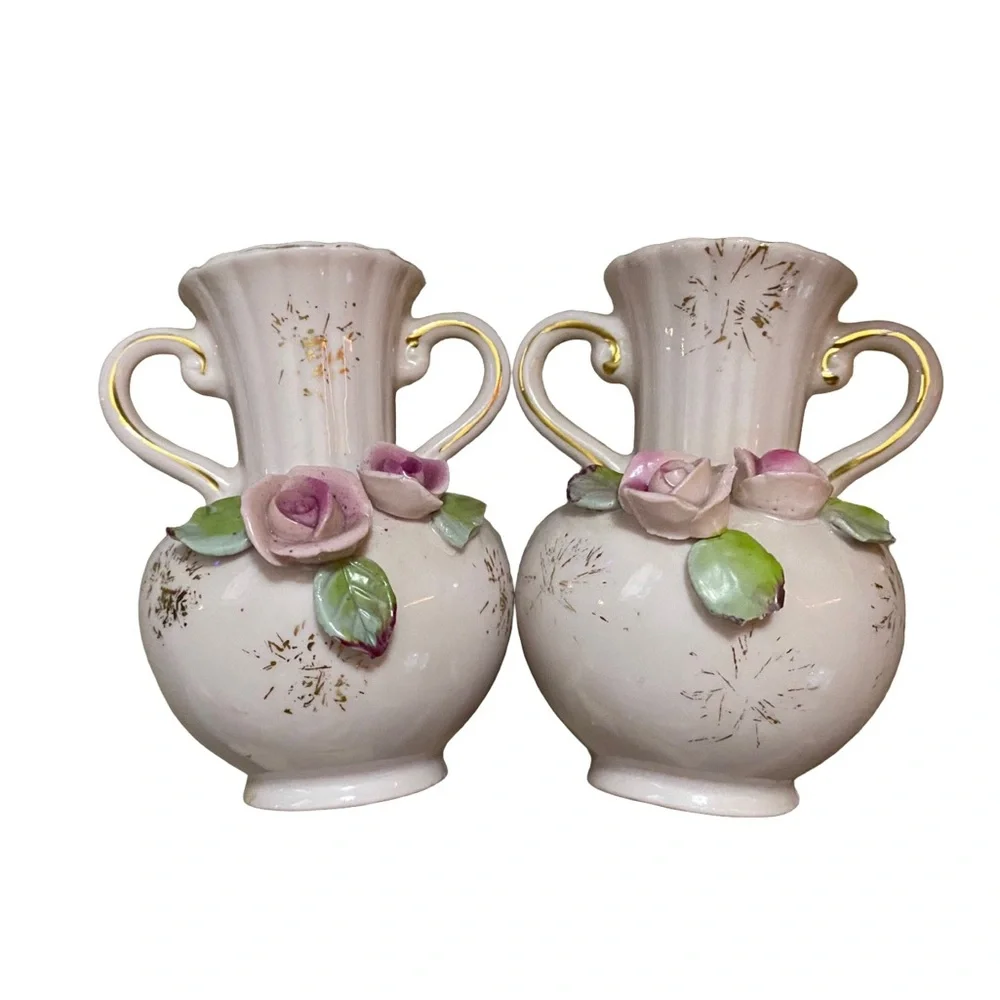 Vintage Two Handled Mini Bud Vase‎ Painted Bisque with Pink Roses Set Of 2